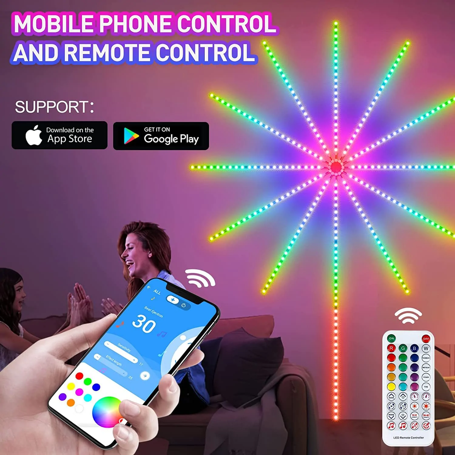 Image sur Feux d'artifice LED Strip Lights, 5050 RGBIC Changement de couleur Music Sync Feux d'artifice avec télécommande et application, 258 LED Fireworks Wall Lights avec effet de lancement et d'explosion, pour la décoration de la chambre de Noël