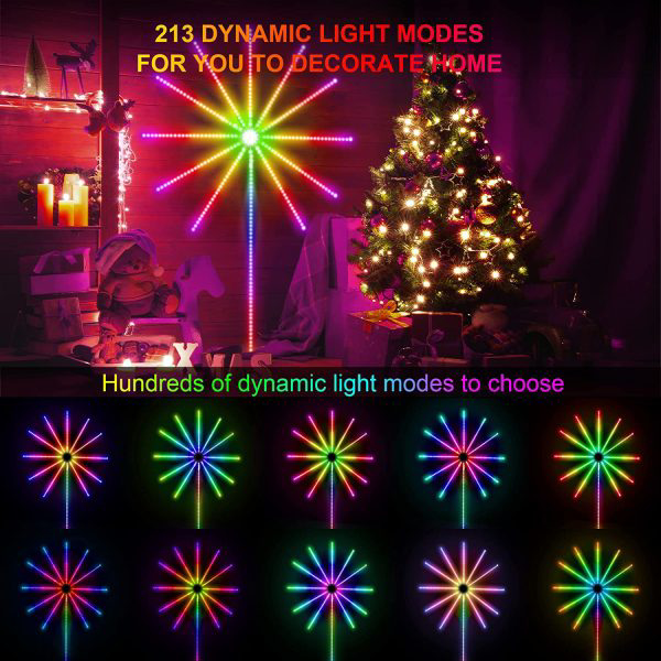 Image sur Feux d'artifice LED Strip Lights, 5050 RGBIC Changement de couleur Music Sync Feux d'artifice avec télécommande et application, 258 LED Fireworks Wall Lights avec effet de lancement et d'explosion, pour la décoration de la chambre de Noël