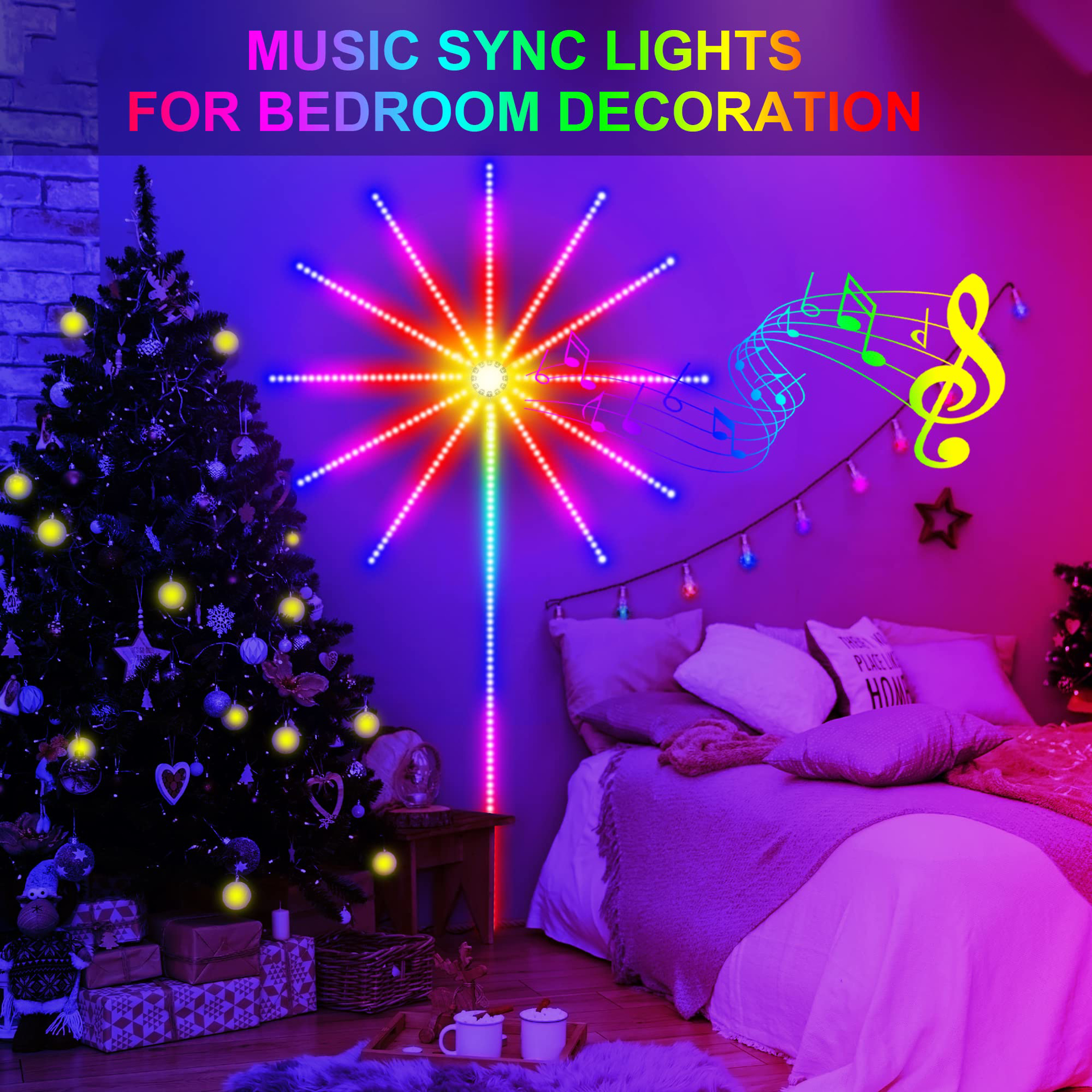 Image sur Feux d'artifice LED Strip Lights, 5050 RGBIC Changement de couleur Music Sync Feux d'artifice avec télécommande et application, 258 LED Fireworks Wall Lights avec effet de lancement et d'explosion, pour la décoration de la chambre de Noël