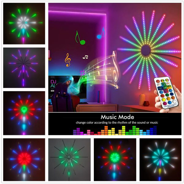 Image sur Feux d'artifice LED Strip Lights, 5050 RGBIC Changement de couleur Music Sync Feux d'artifice avec télécommande et application, 258 LED Fireworks Wall Lights avec effet de lancement et d'explosion, pour la décoration de la chambre de Noël